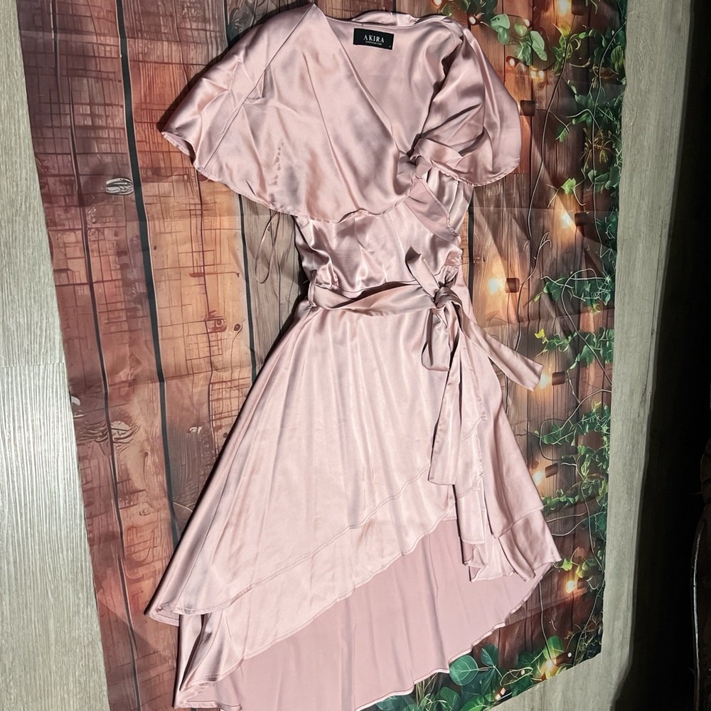 AKIRA Blush Satin Asymmetrical Wrap Dress